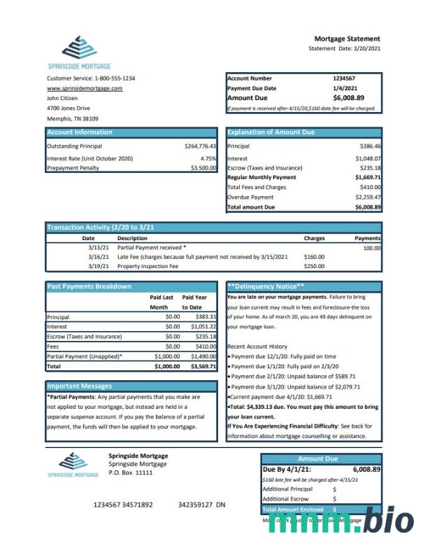 USA South State wyciąg bankowy szablon Worda i PDF